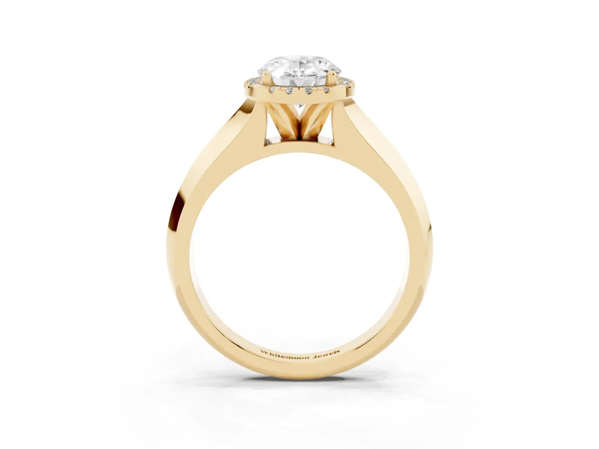 Oval Cut Halo Diamond Ring with Cathedral Band and Four-Prong Setting Yellow gold