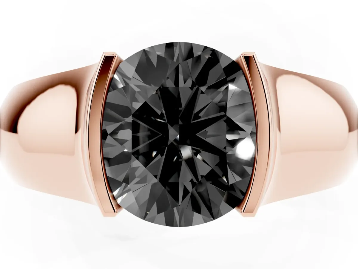 Fancy Black Round Cut Solitaire Bezel Set Diamond Ring with Wide Band Rose gold