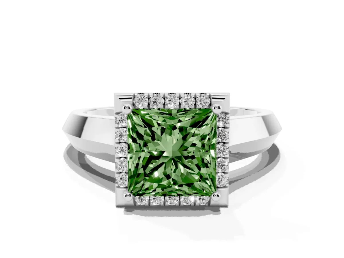 Fancy Green Princess Cut Halo Diamond Ring with Cathedral Band and Four-Prong Setting White gold