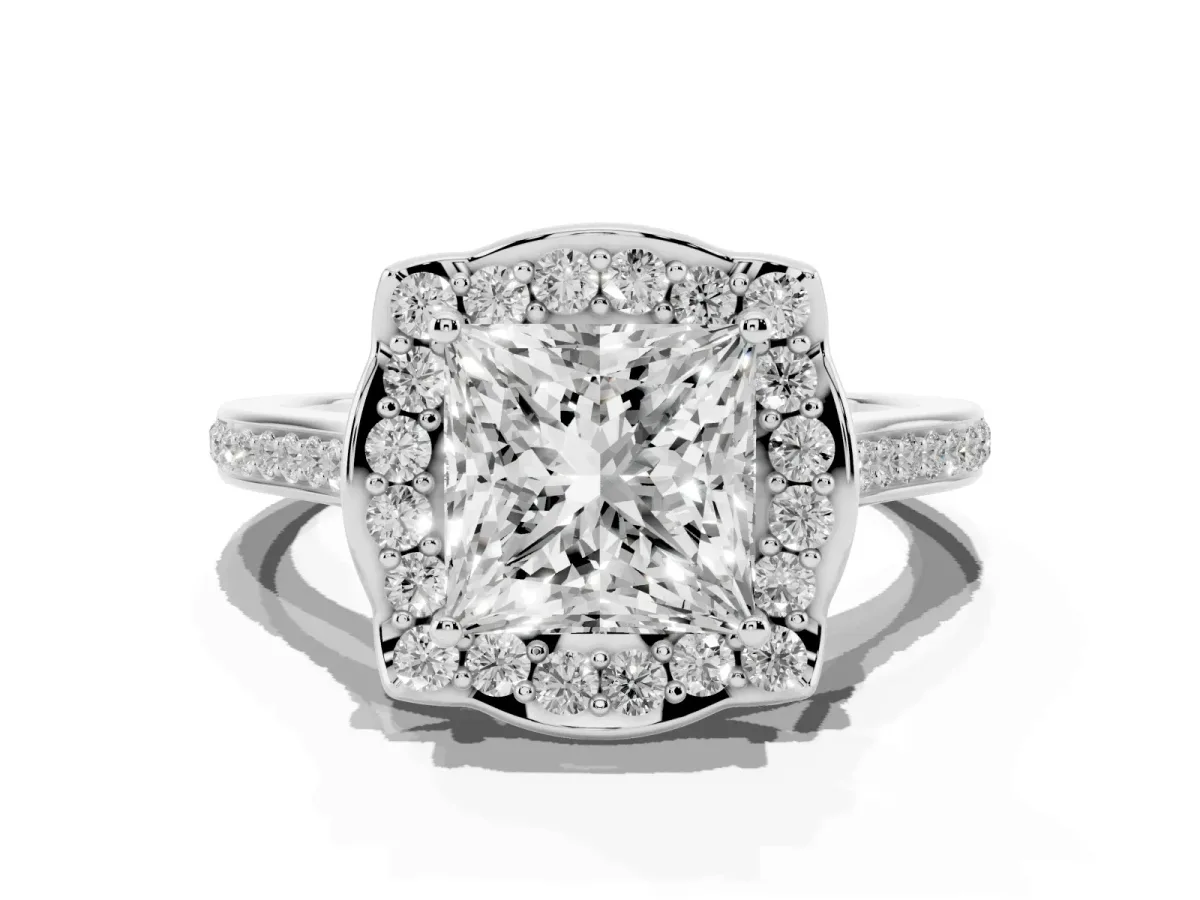 Princess Cut Halo Round Diamond Pave Band with Four-Prong Setting White gold