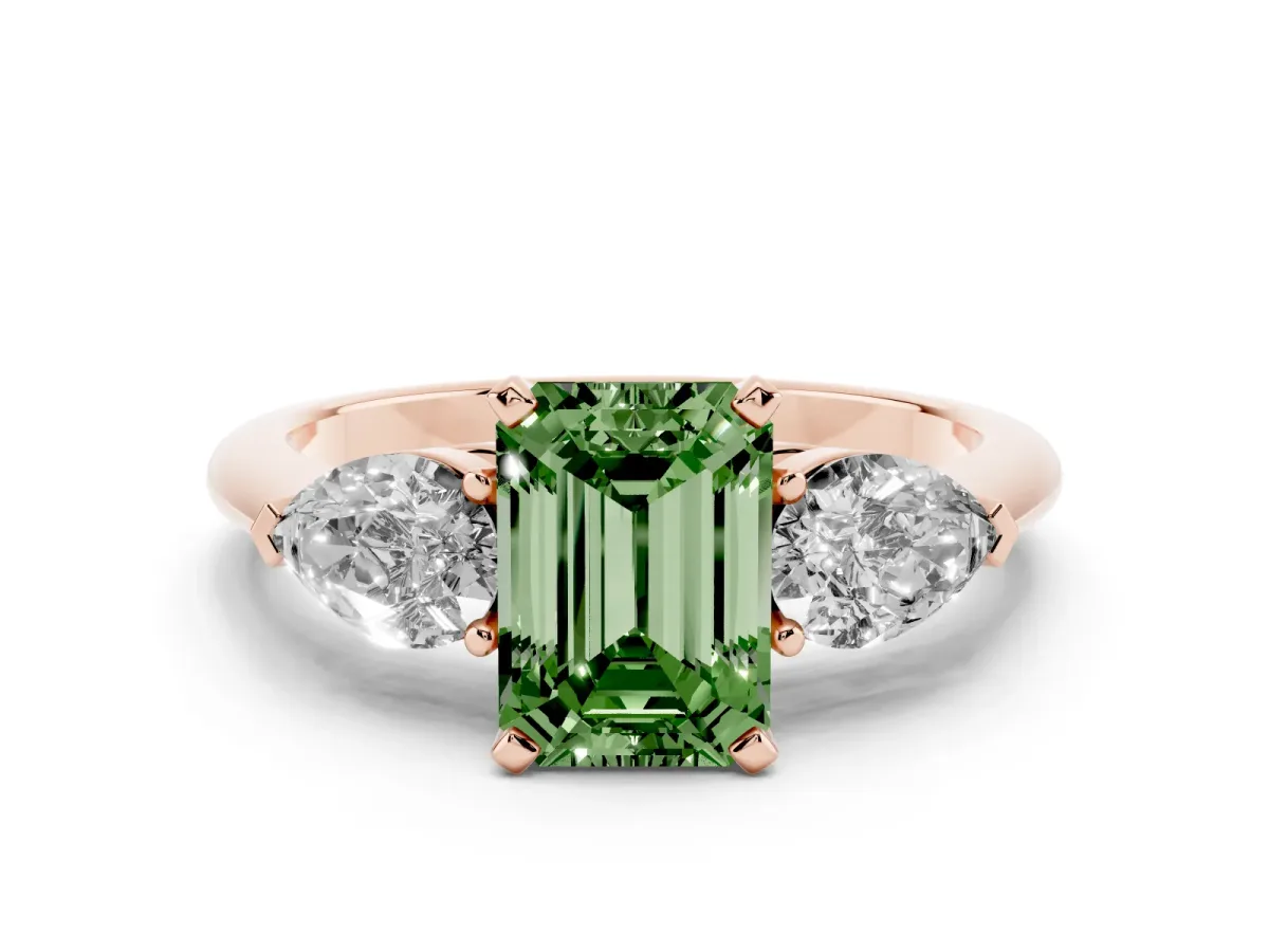 Fancy Green Three-Stone Emerald Cut Diamond Ring with Pear Side Stones and Four-Prong Setting Rose gold