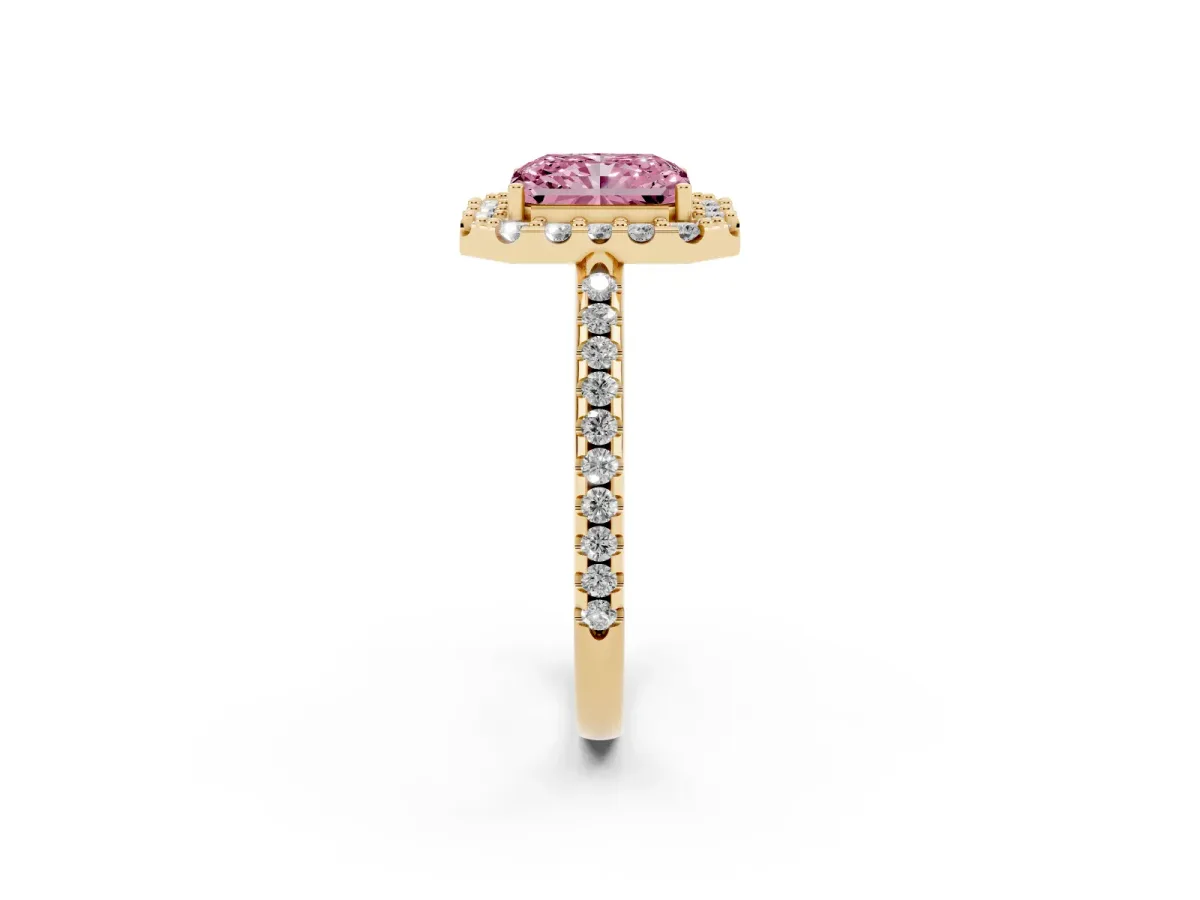 Fancy Pink Radiant Cut Diamond Pavé Halo Ring with Four-Prong Setting Yellow gold