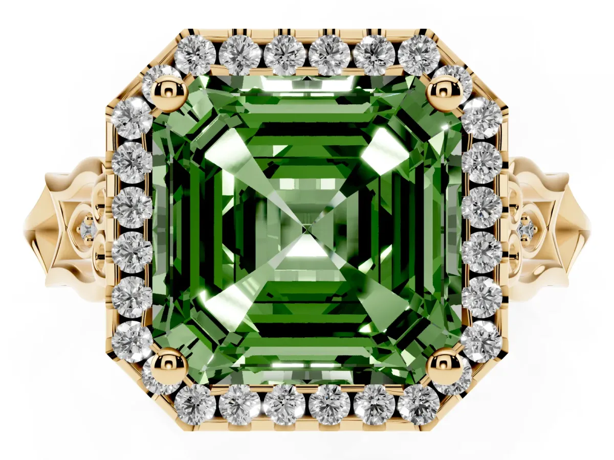 Fancy Green Asscher Cut Halo Diamond Engagement Ring with Filigree Band and Four-Prong Setting Yellow gold