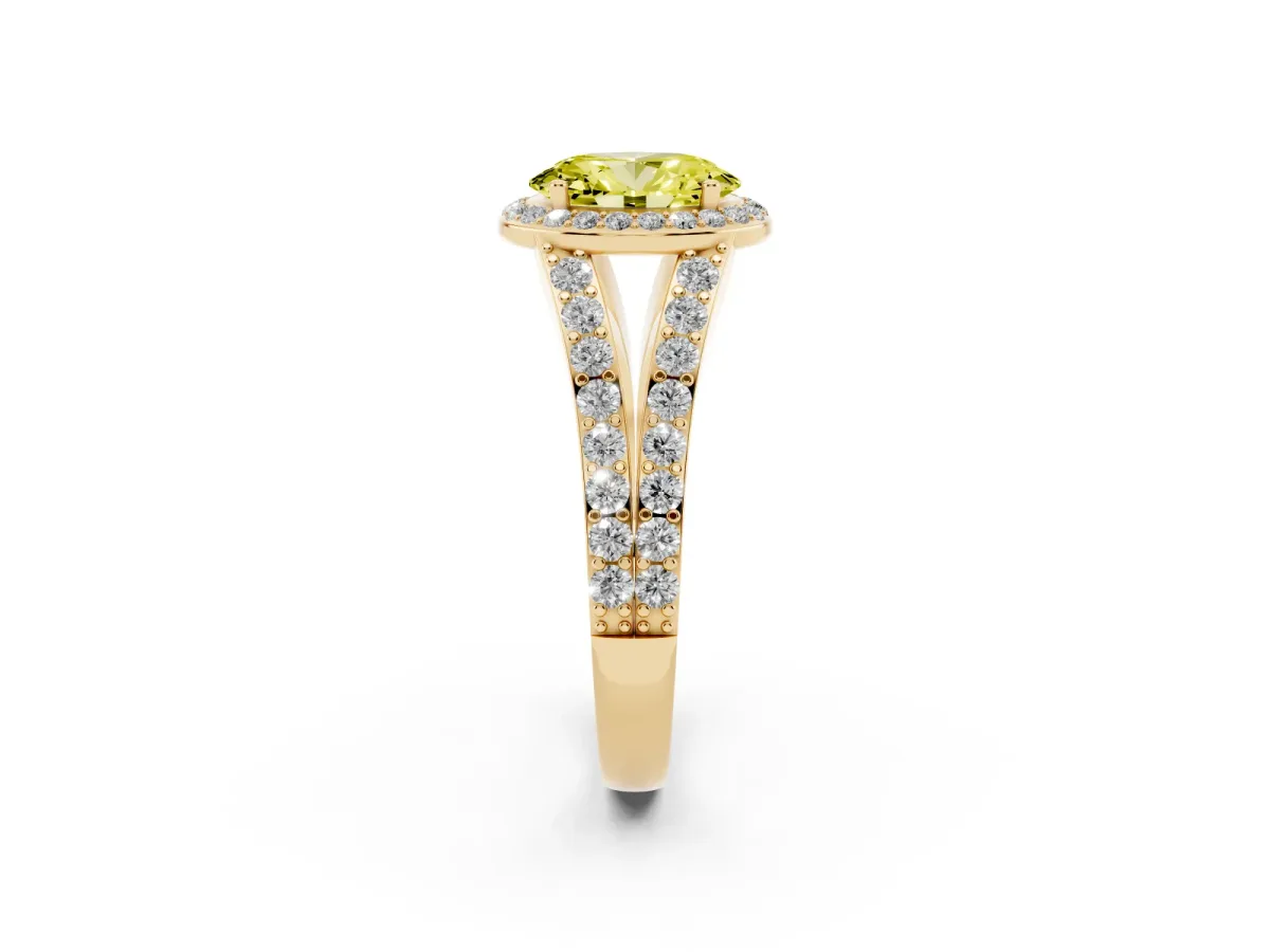 Fancy Yellow Oval Cut Diamond Split Shank Halo Ring with Four-Prong Setting Yellow gold