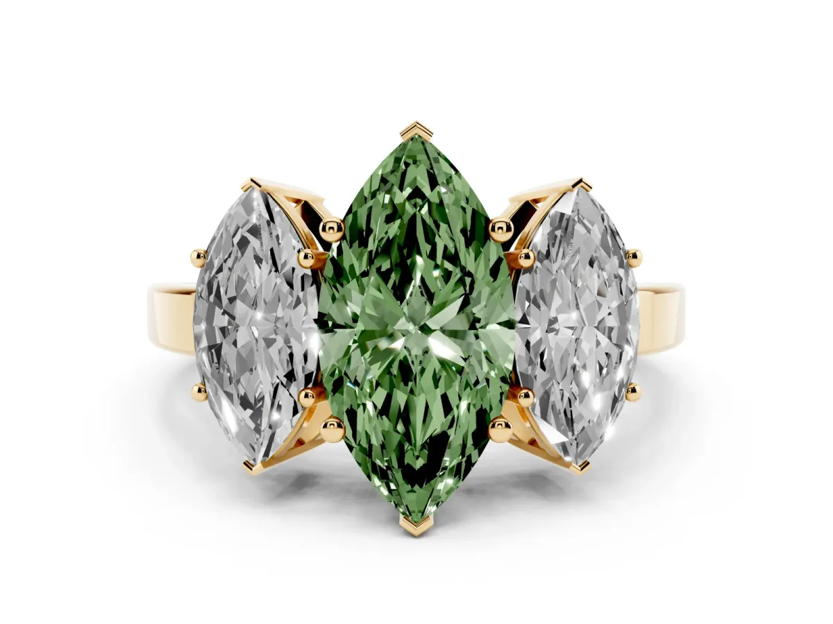Fancy Green Three-Stone Marquise Cut Cut Diamond Engagement Ring with Flat Band and Four-Prong Setting Yellow gold