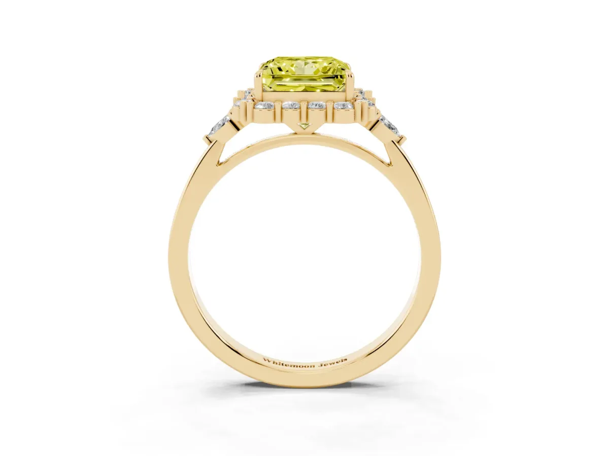Fancy Yellow Princess Cut Diamond Halo Ring with Pear Side Stones and Prong Setting Yellow gold