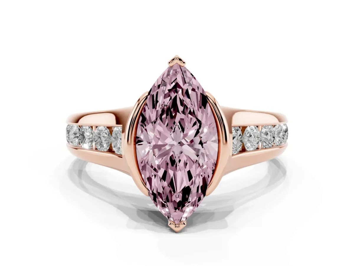 Fancy Pink Marquise Cut Solitaire Bezel-Set Diamond Ring with Channel-Set Band Rose gold