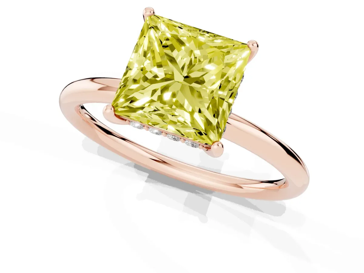 Fancy Yellow Princess Cut Solitaire Diamond Ring with a Classic Band and Four-Prong Setting Rose gold