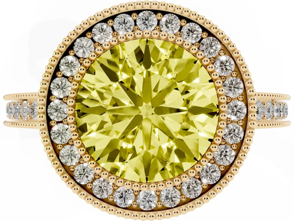 Fancy Yellow Round Cut Cut Halo Diamond Ring with Pavé Band and Milgrain Prong Setting Yellow gold