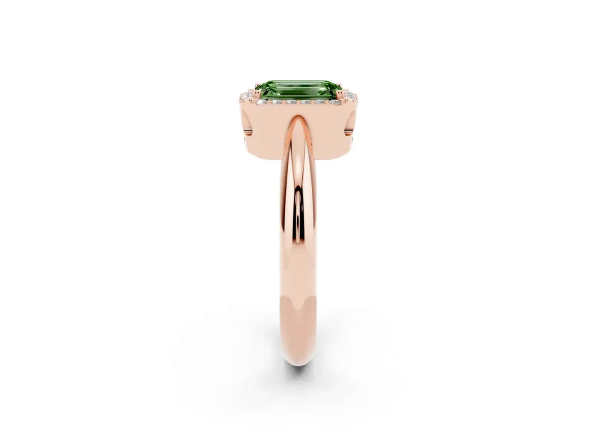 Fancy Green Emerald Cut Cut Diamond Halo Engagement Ring with Split Shank and Four-Prong Setting Rose gold