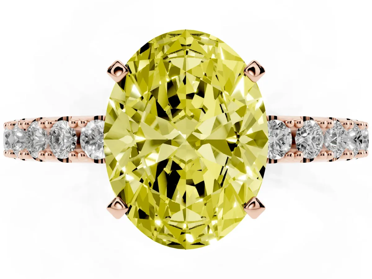 Fancy Yellow Oval Cut Diamond Solitaire Pavé Band with Four-Prong Setting Rose gold