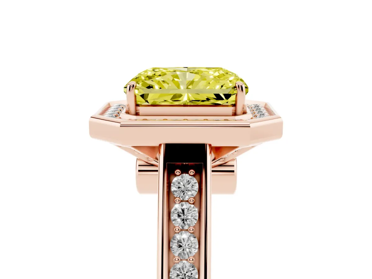 Fancy Yellow Emerald Cut Halo Solitaire Diamond Ring with Pave Band and Bezel Setting Rose gold