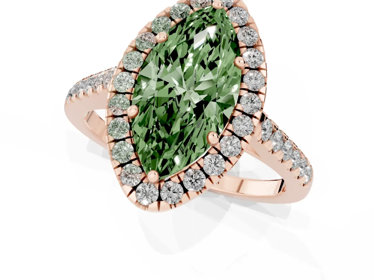 Fancy Green Marquise Cut Halo Pavé Diamond Engagement Ring with Four-Prong Setting Rose gold