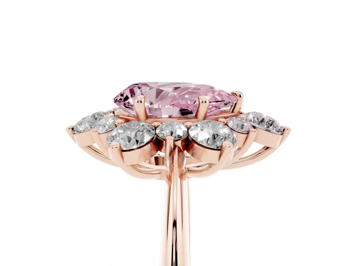 Fancy Pink Pear Cut Diamond Cluster Halo Ring with Solitaire Band and Four-Prong Setting Rose gold
