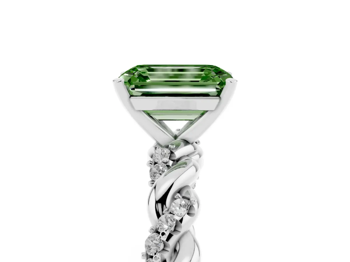Fancy Green Emerald Cut Diamond Solitaire Ring with Twisted Band and Pavé Accents Silver