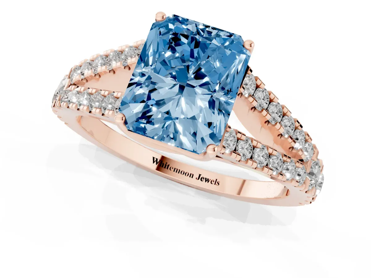 Fancy Blue Radiant Cut Diamond Split Shank Pavé Engagement Ring with Four-Prong Setting Rose gold