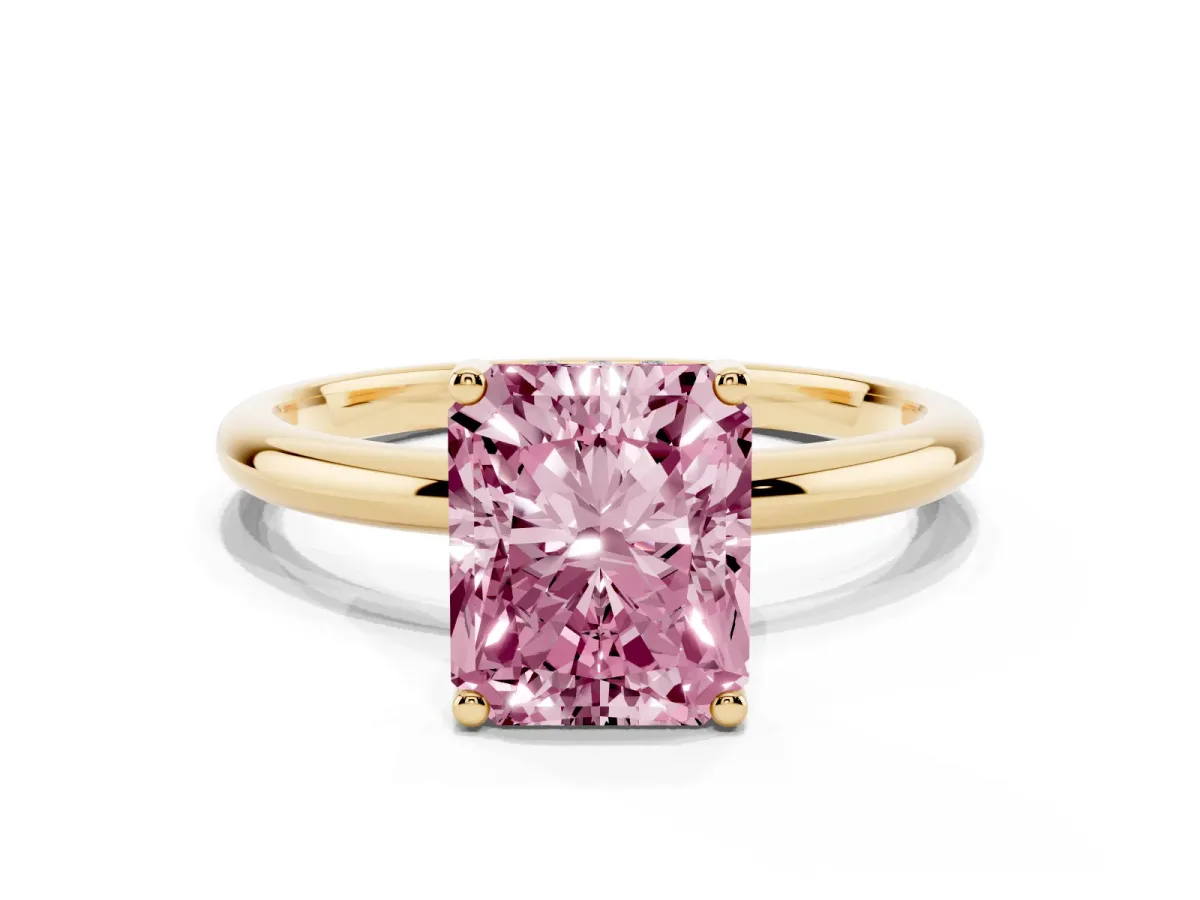 Fancy Pink Radiant Cut Cut Solitaire Engagement Ring with Four-Prong Setting and Classic Band Yellow gold