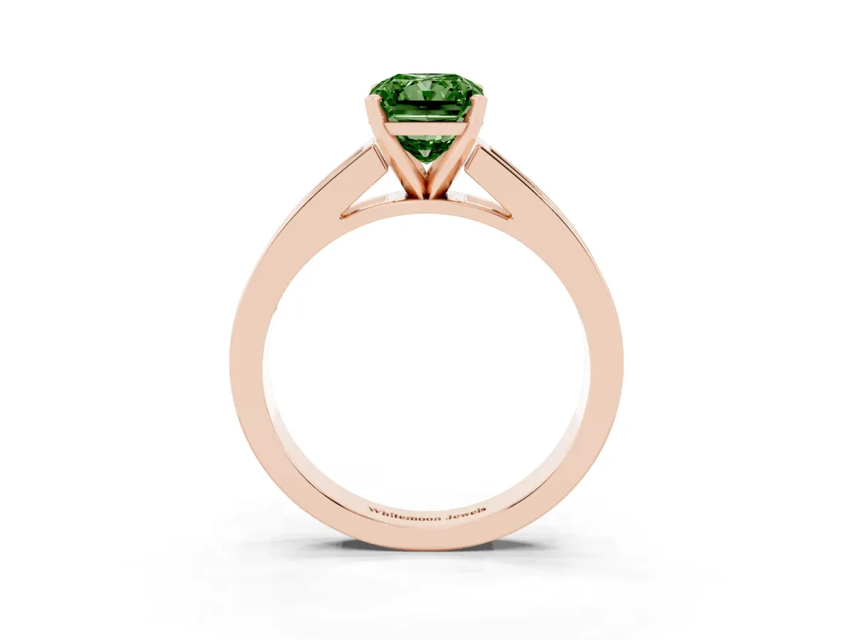 Fancy Green Radiant Cut Solitaire Diamond Ring with Channel-Set Band and Four-Prong Setting Rose gold
