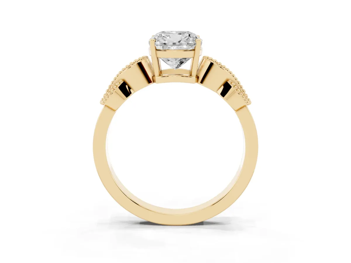 Cushion Cut Solitaire Milgrain Leaf Band with Prong Setting Yellow gold