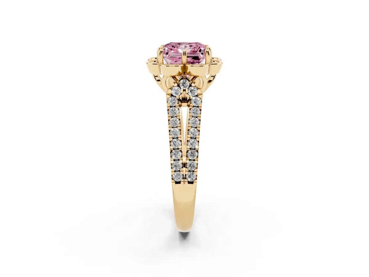 Fancy Pink Princess Cut Halo Diamond Floral Split Shank Engagement Ring Yellow gold