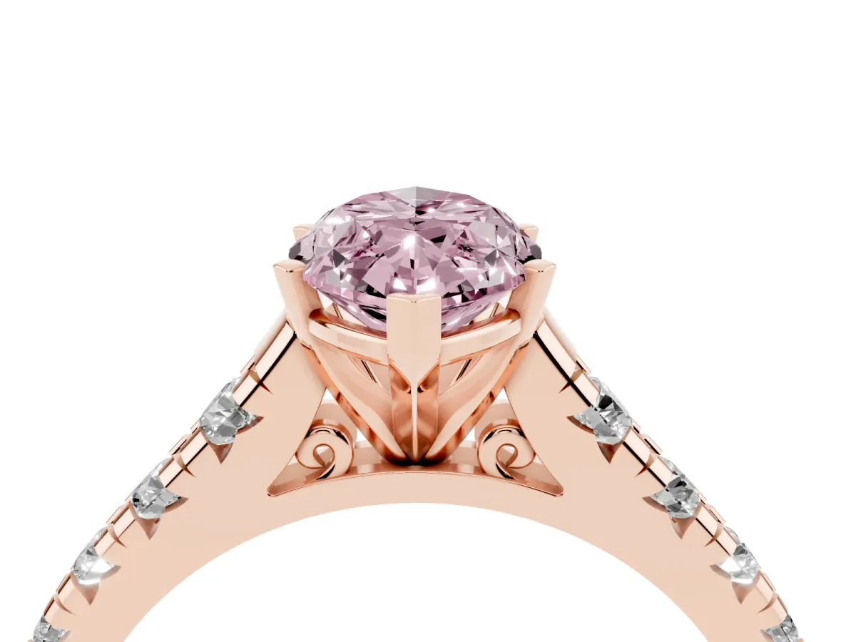 Fancy Pink Marquise Cut Diamond Cathedral Solitaire Ring with Round Pavé Band Rose gold