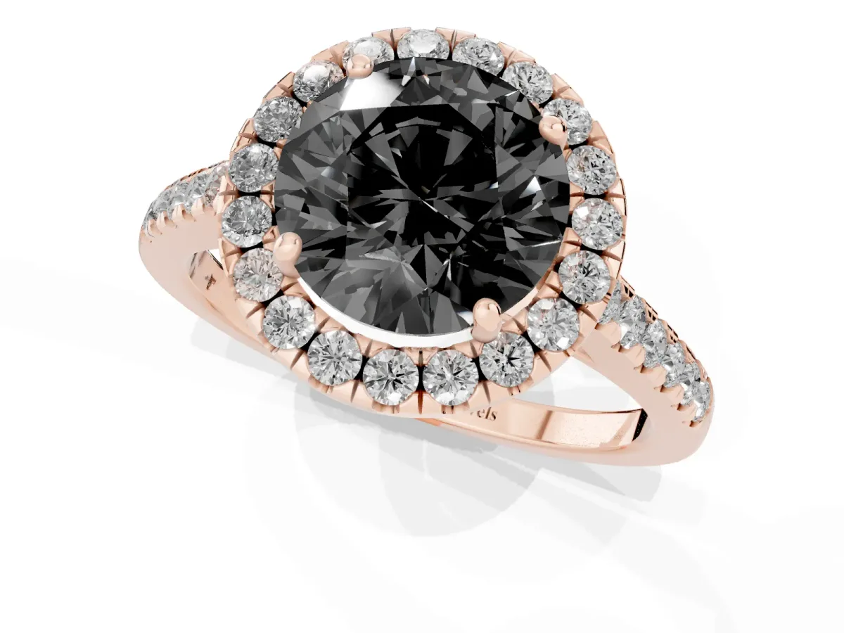 Fancy Black Round Cut Halo Pave Diamond Engagement Ring with Four-Prong Setting Rose gold