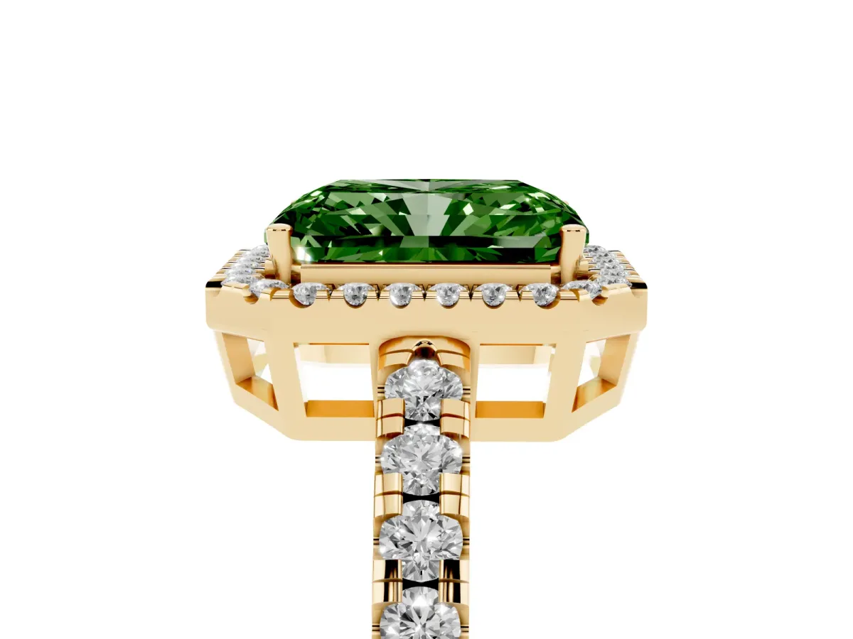 Fancy Green Radiant Cut Diamond Halo Ring with Pavé Band and Four-Prong Setting Yellow gold