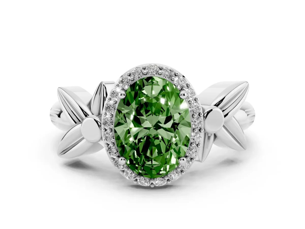 Fancy Green Oval Cut Halo Diamond Floral Band with Four-Prong Setting White gold