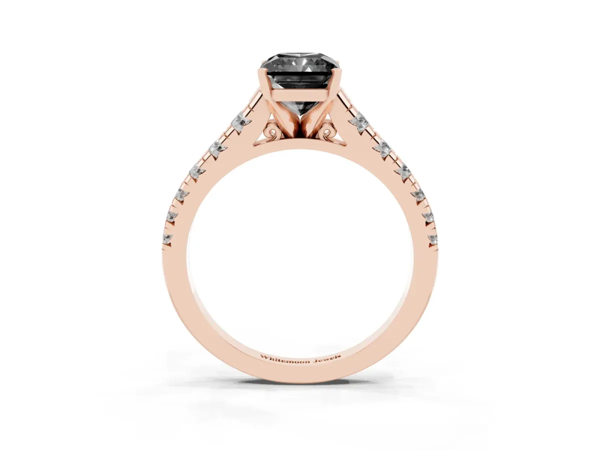 Fancy Black Radiant Cut Diamond Cathedral Solitaire Ring with Round Pavé Band Rose gold
