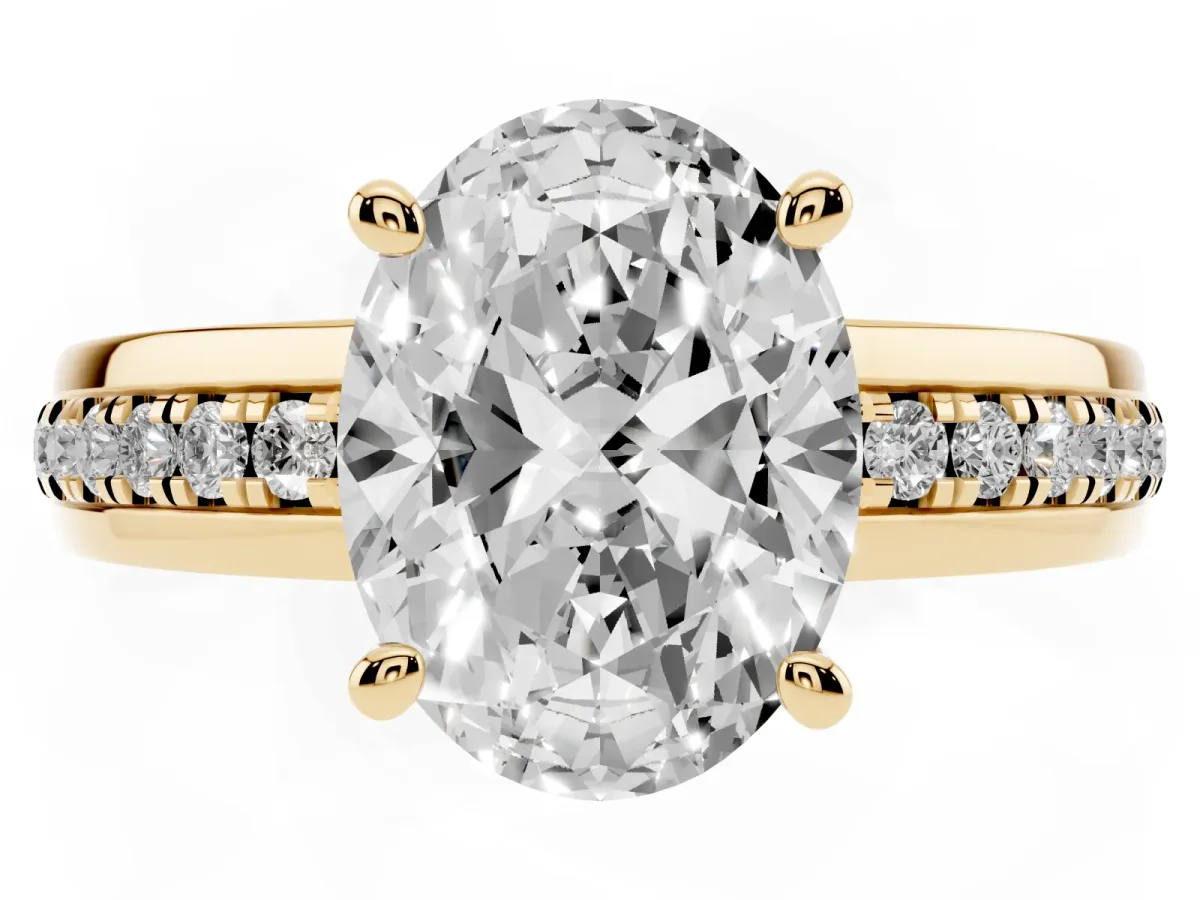 Oval Cut Solitaire Diamond Ring with Channel Set Band and Six-Prong Setting Yellow gold