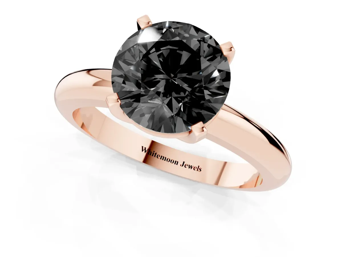 Fancy Black Round Cut Diamond Solitaire Engagement Ring with Round Band and Four-Prong Setting Rose gold