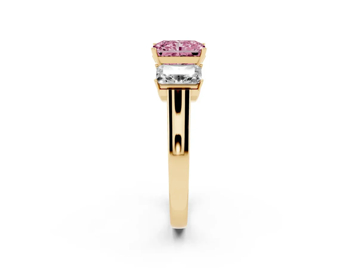 Fancy Pink Three-Stone Radiant Cut Brilliant Diamond Trellis Ring with Comfort Fit Band Yellow gold