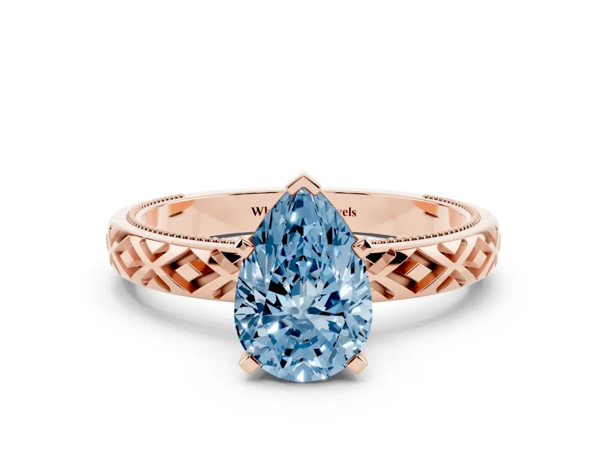 Fancy Blue Pear Cut Solitaire Diamond Ring with Milgrain and Black Enamel X Pattern Band Rose gold