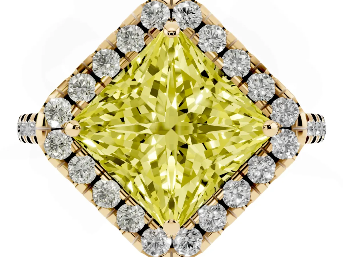 Fancy Yellow Princess Cut Diamond Cushion Halo Ring with Pavé Band Yellow gold