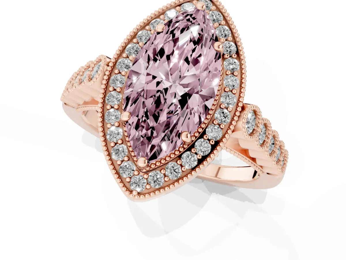 Fancy Pink Marquise Cut Halo Milgrain Solitaire with Bezel Set Side Stones and Pave Band Rose gold