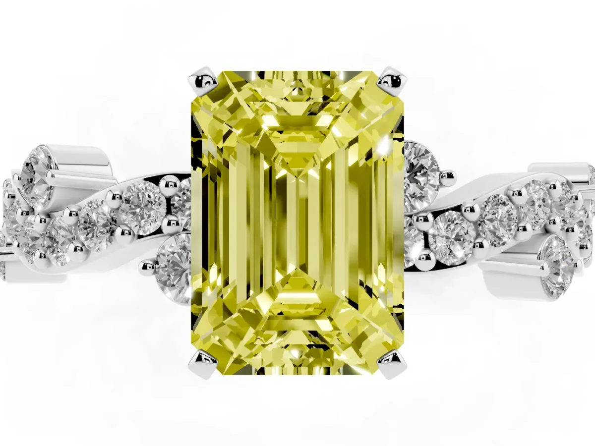Fancy Yellow Emerald Cut Cut Solitaire Diamond Twisted Band with Pave Setting Silver
