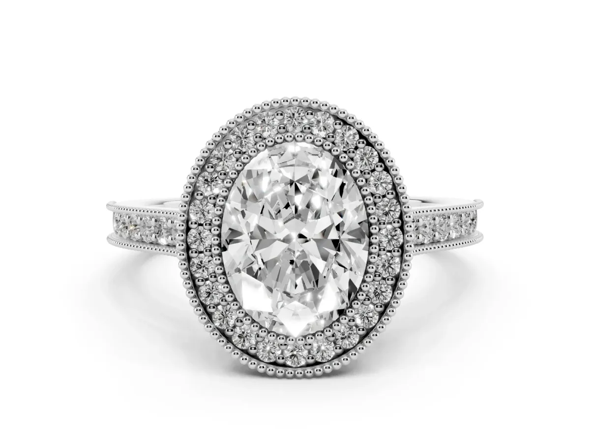 Halo Oval Cut-Cut Diamond Pave Band Milgrain Prong Setting Ring Silver
