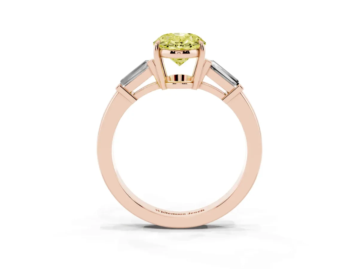 Fancy Yellow Oval Cut Diamond Three-Stone Ring with Tapered Baguette Side Stones and Prong Setting Rose gold