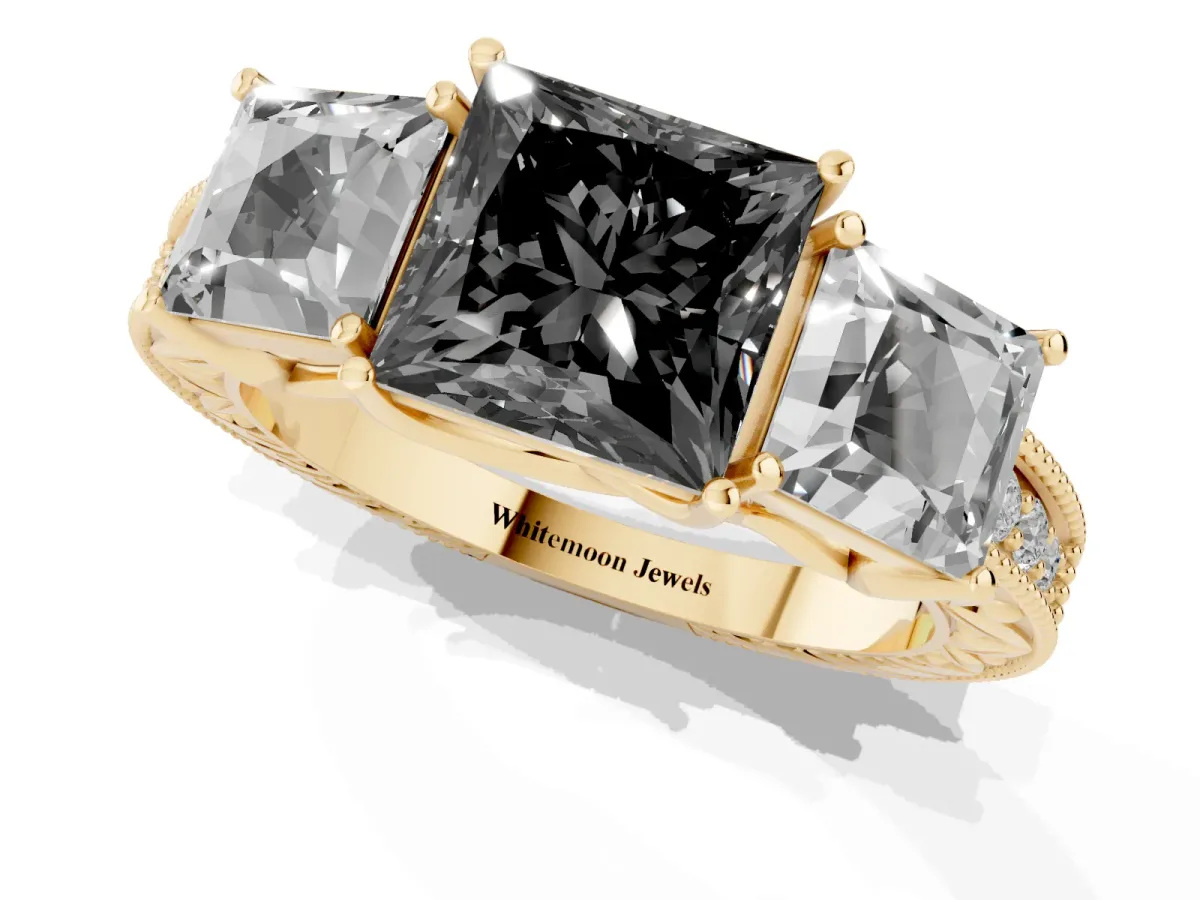 Fancy Black Three-Stone Princess Cut Cut Milgrain Pavé Engagement Ring Yellow gold
