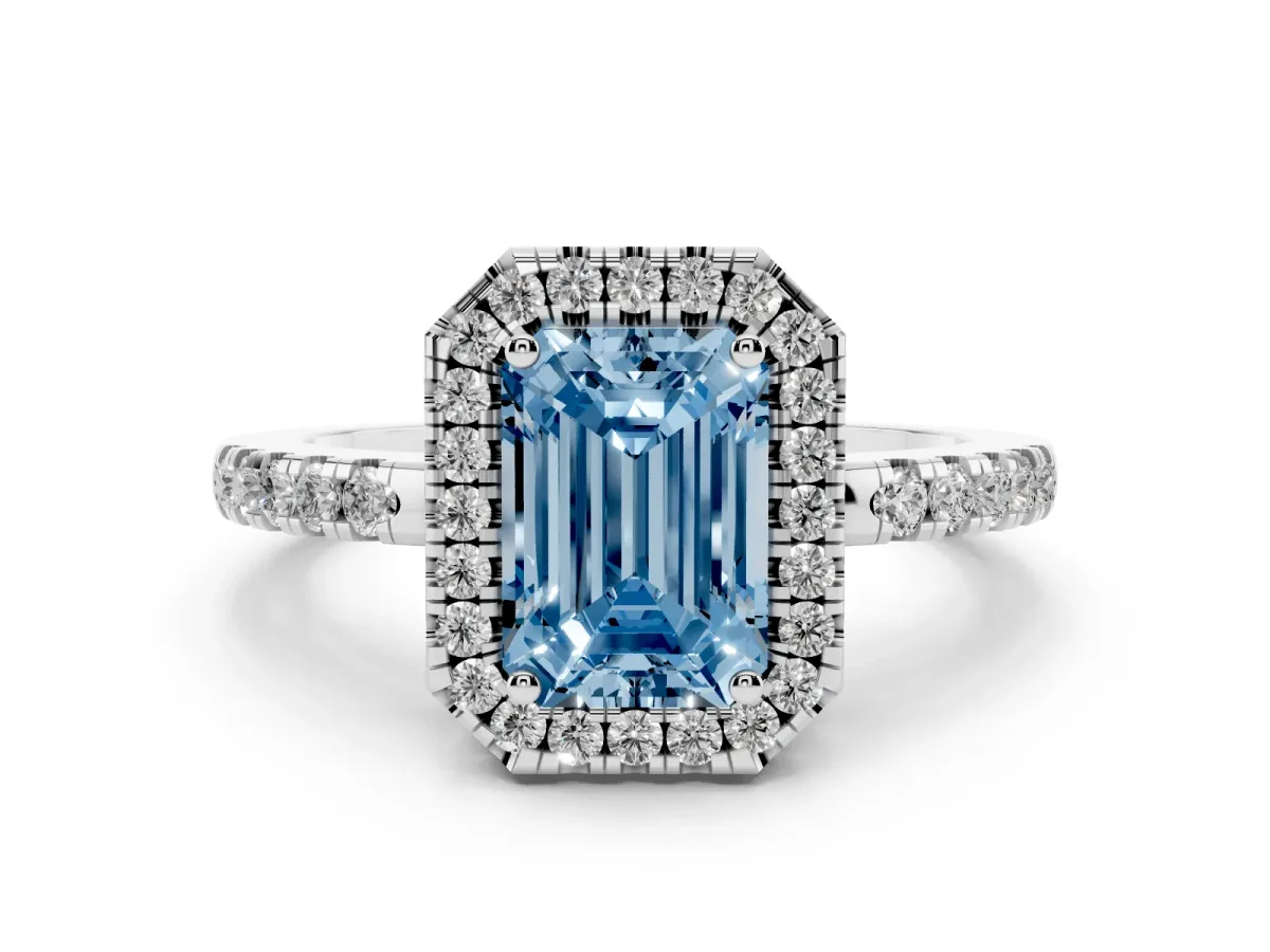 Fancy Blue Emerald Cut Halo Diamond Engagement Ring with Pavé Band and Four-Prong Setting White gold