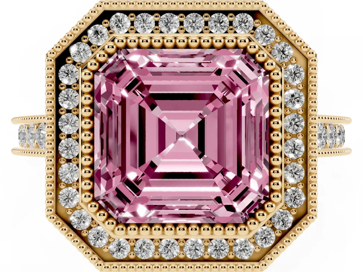 Fancy Pink Halo Asscher Cut-Cut Diamond Pave Band Milgrain Prong Setting Ring Yellow gold