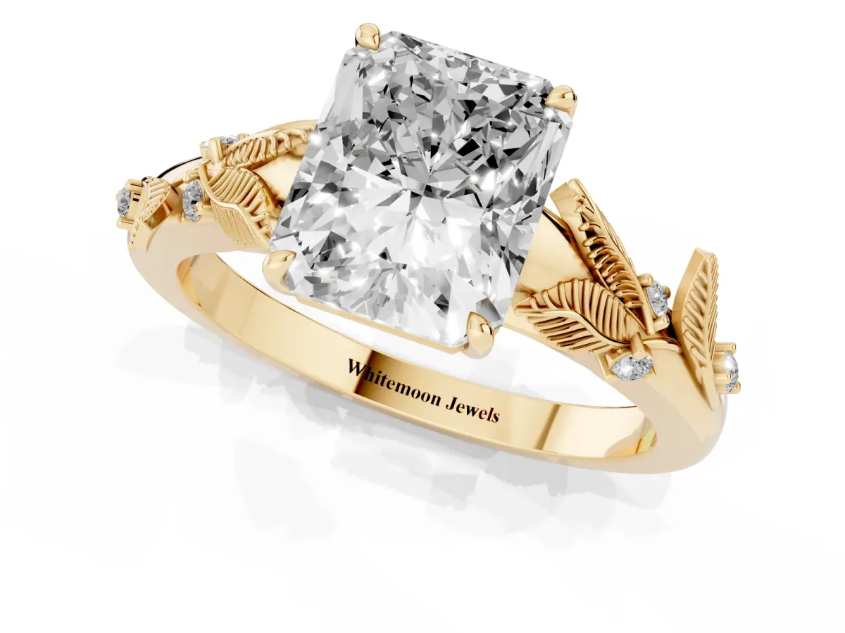Radiant Cut Diamond Solitaire Ring with Leaf Motif Band and Four-Prong Setting Yellow gold