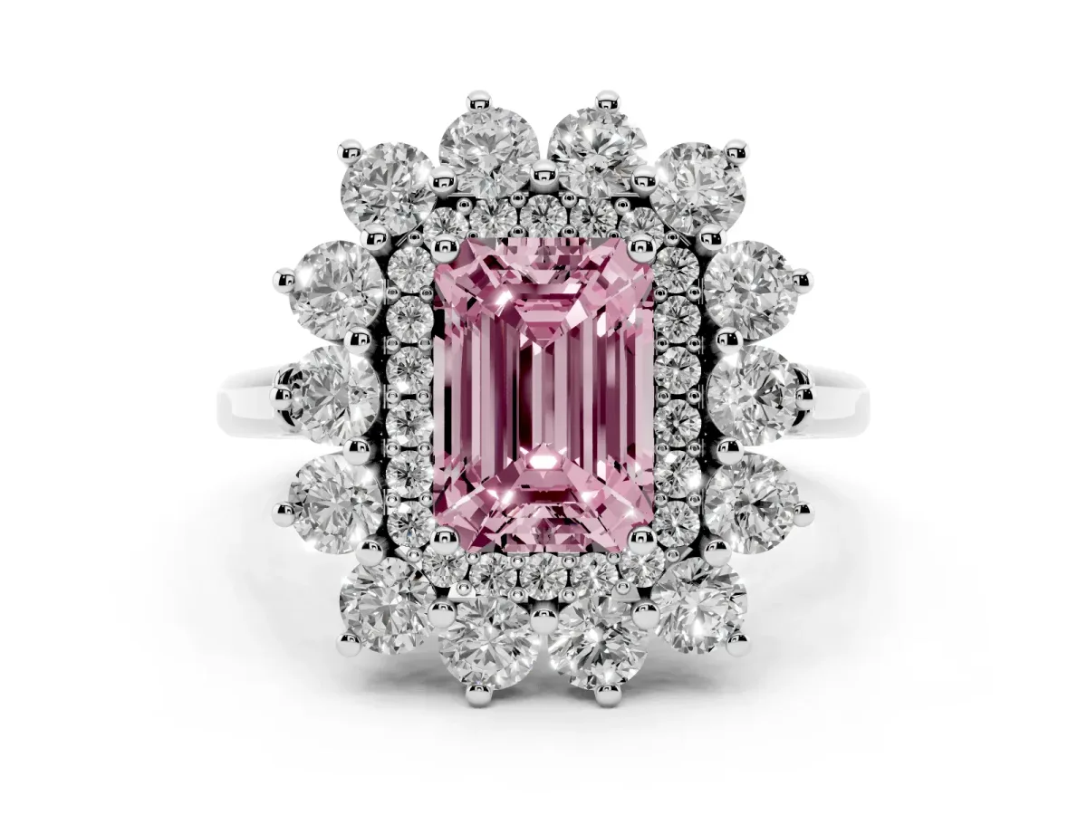 Fancy Pink Emerald Cut Diamond Floral Double Halo Engagement Ring with Prong Setting White gold