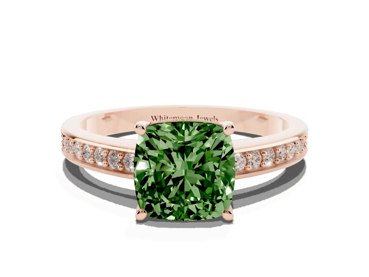 Fancy Green Cushion Cut Solitaire Pavé Band Prong Setting Ring Rose gold