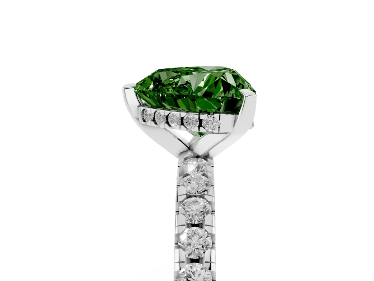 Fancy Green Heart Cut Diamond Solitaire Ring with Round Pavé Band and Four-Prong Setting Platinum