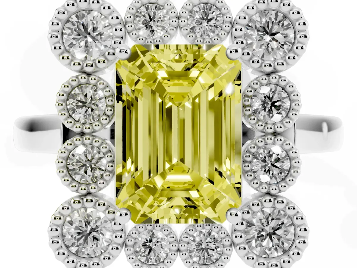 Fancy Yellow Emerald Cut Halo Diamond Cluster Engagement Ring with Milgrain Bezel Setting and Solitaire Band Silver