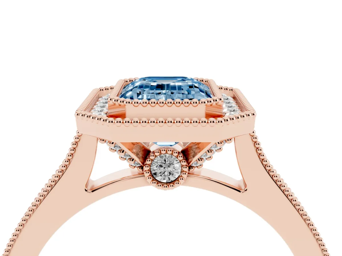 Fancy Blue Halo Emerald Cut-Cut Diamond Pave Band Milgrain Prong Setting Ring Rose gold