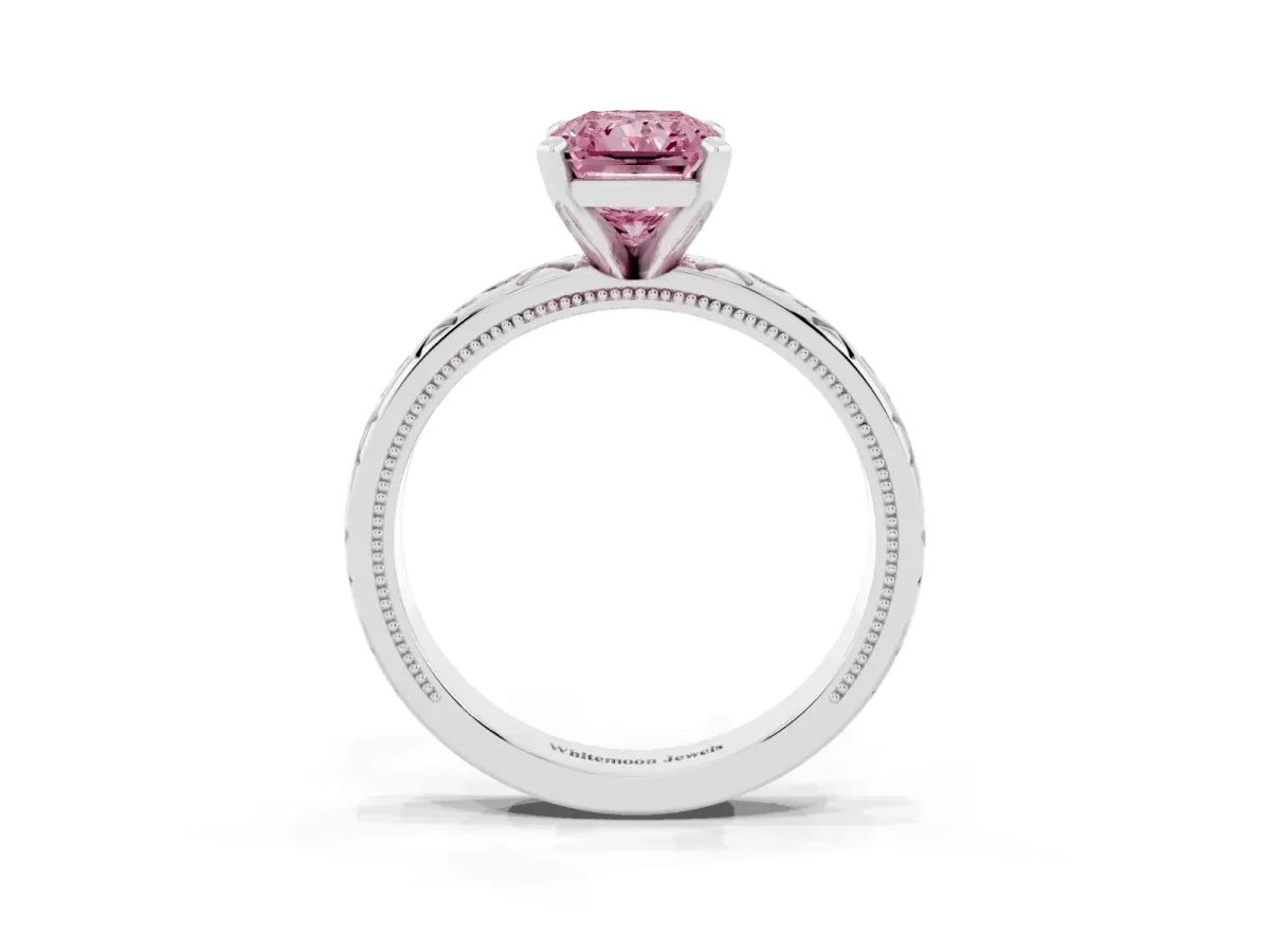 Fancy Pink Radiant Cut Solitaire Engagement Ring with Scrollwork Band and Four-Prong Setting Silver