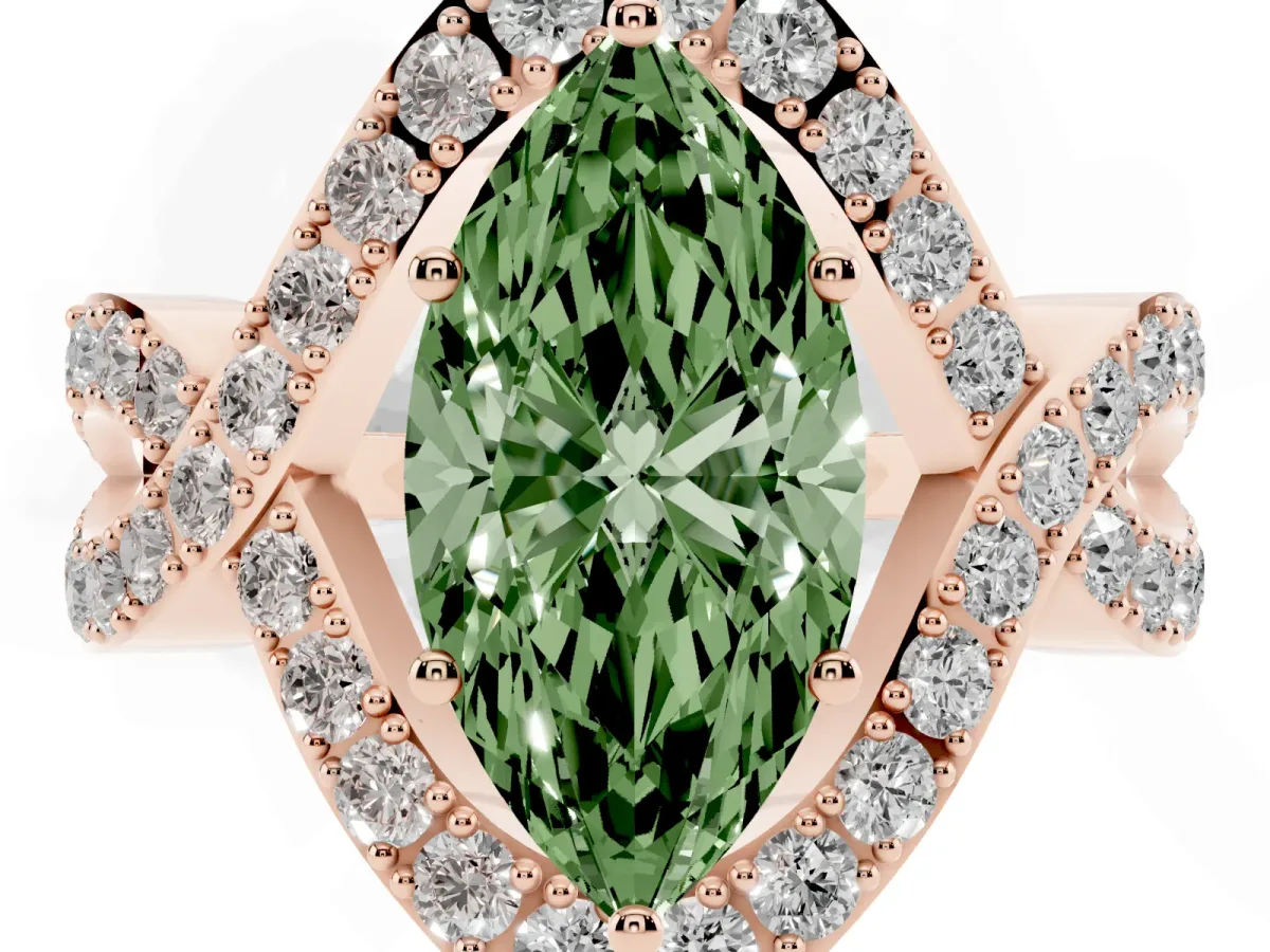 Fancy Green Marquise Cut Solitaire Twist Band Pavé Diamond Engagement Ring Rose gold