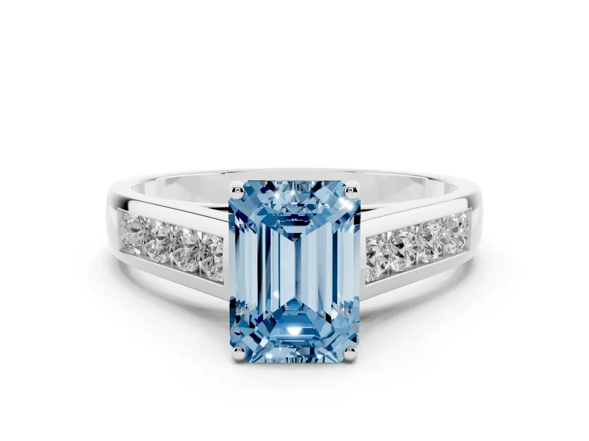 Fancy Blue Emerald Cut Solitaire Channel-Set Diamond Engagement Ring with Four-Prong Setting Silver
